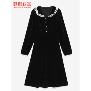韩都衣舍2021春季新款法式复古赫本娃娃领丝绒连衣裙女RJ6132 黑色 M