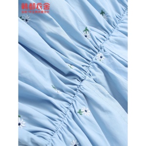 韩都衣舍2021夏季新款小心机高腰方领天空蓝泡泡袖连衣裙女RN0015 蓝色 M